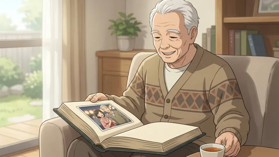 古いアルバムを開いて若かりし日を回想する老人の姿