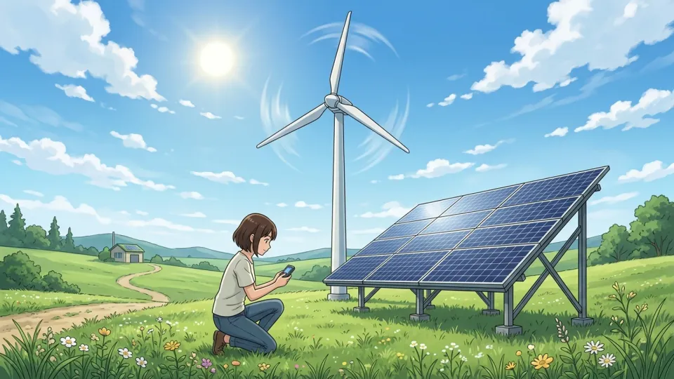 青空の下で稼働する風力タービンと太陽光パネルのイラスト