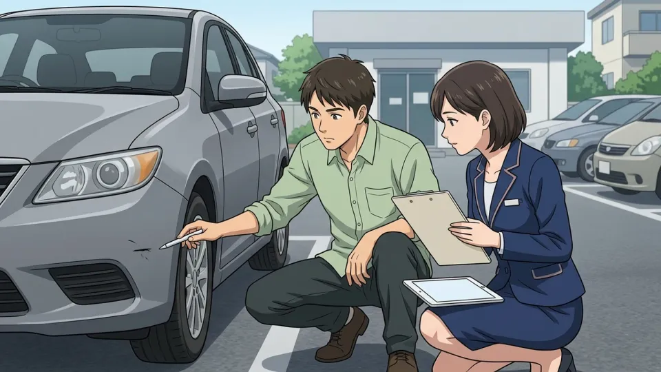 出発前にレンタカーを点検する借り手