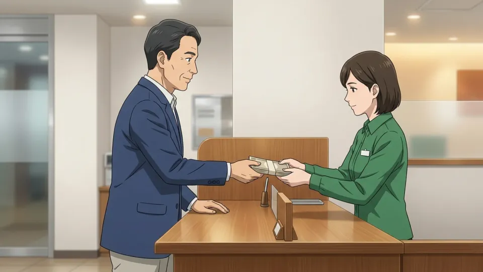 カウンターで返済を行う男性