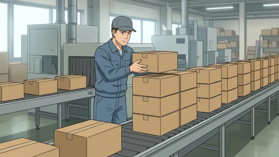 工場で単調な箱詰め作業を行う人