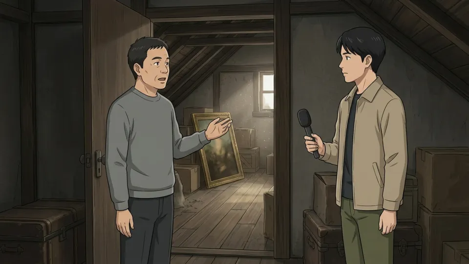 薄暗い屋根裏部屋に置かれた古い絵画の様子