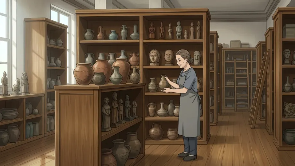 歴史的工芸品が整然と保管されている大きな部屋のイラスト