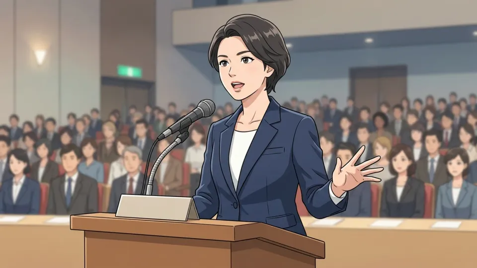 国際会議で発言する女性社員の様子