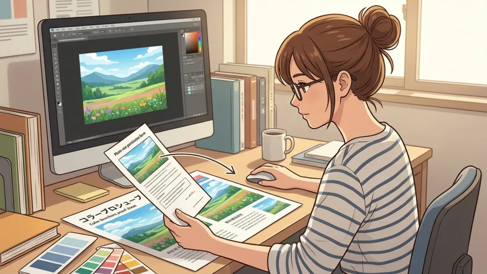 許可を得た写真をパンフレットに複製掲載する準備をする編集者