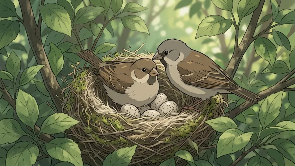 巣の中で卵を守る鳥のペア