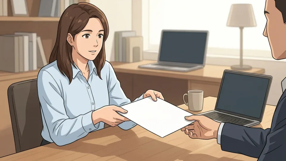 女性がオフィスで書類を差し出している様子