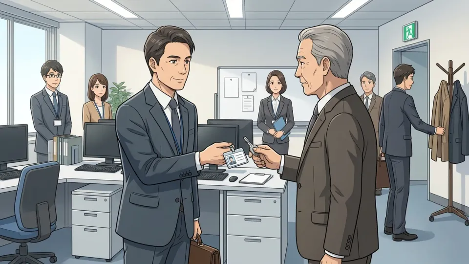 管理職が自分の意思で社員証と鍵を上司へ返し、同僚に別れを告げて職場を去る場面