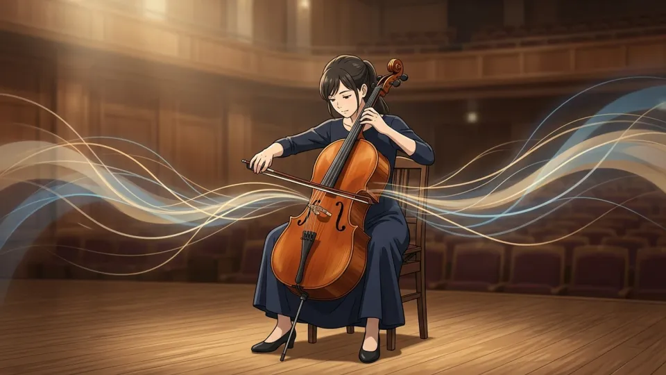 チェロを演奏する人物と響き渡る音楽のイメージ