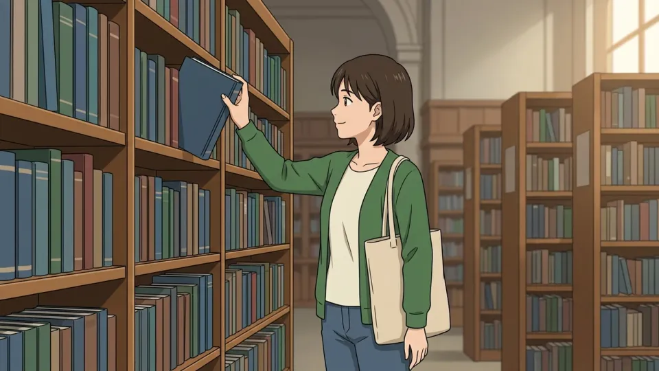 本棚から本を取り出す学生