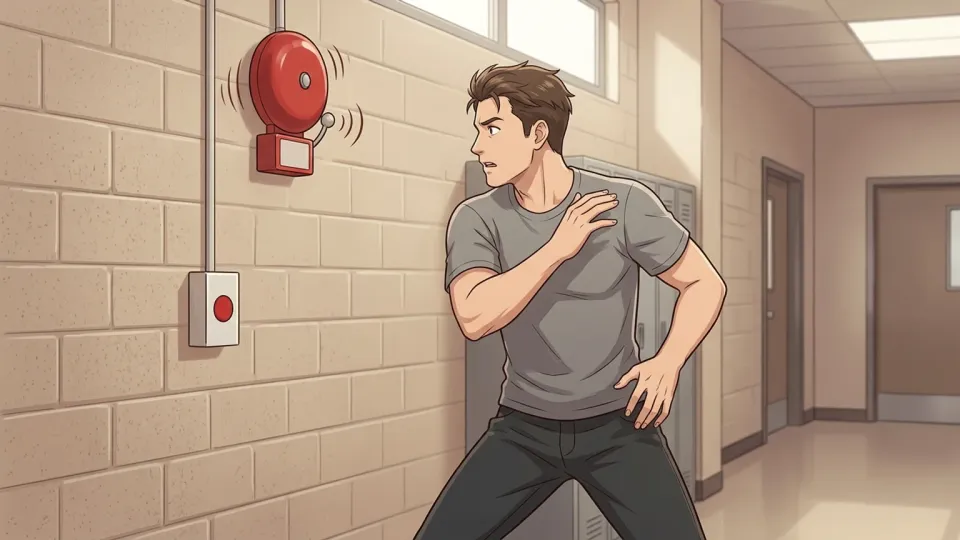壁の警報器の音に気づいて振り返る男性のイラスト