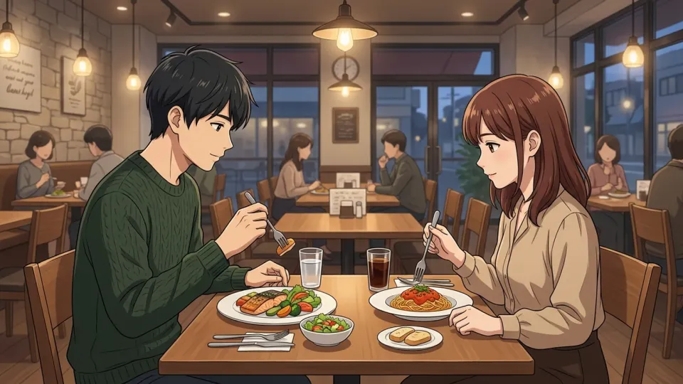 レストランで夕食をとる人々。