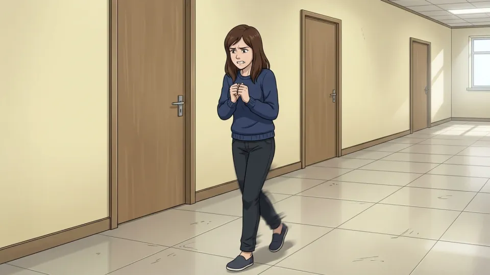 廊下を不安そうに行き来する女性
