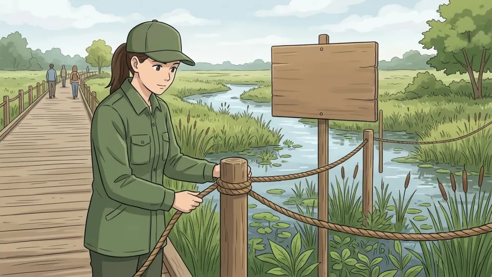 公園のスタッフがロープを張って湿地帯への立ち入りを制限している様子