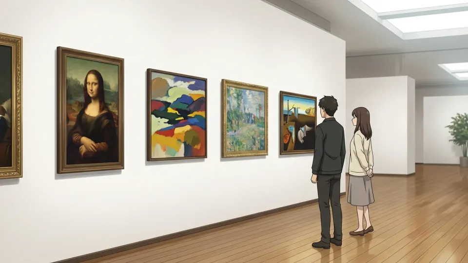 美術館で画家の過去の作品群を鑑賞している人々のイラスト