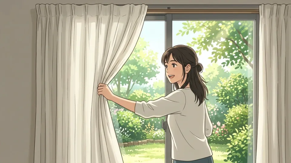女性がカーテンを開けて庭を明らかにする様子