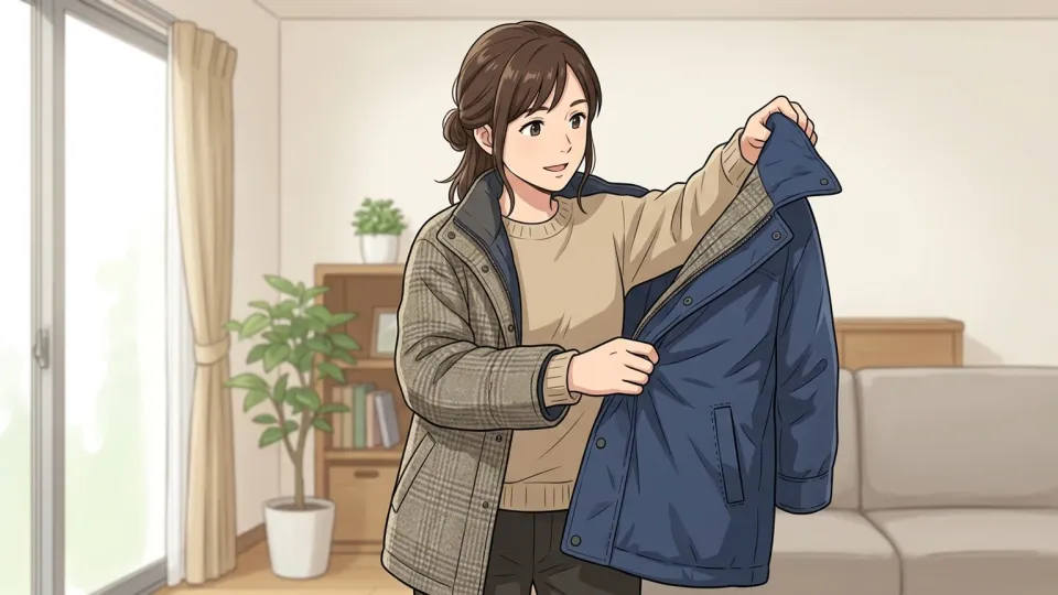 女性が両面使えるコートを手に持っている様子