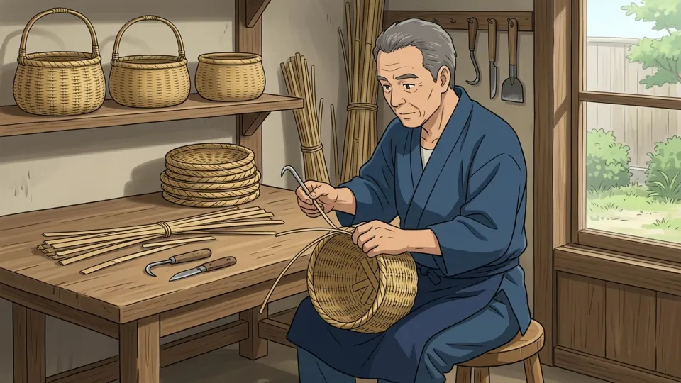 工房で伝統工芸品を再び制作している職人の様子。