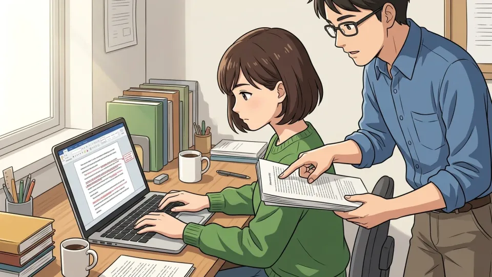 出版社の編集デスクで、編集者が原稿の冒頭段落を指し、書き手が修正履歴の表示されたノートパソコンで文章を書き直している場面の様子