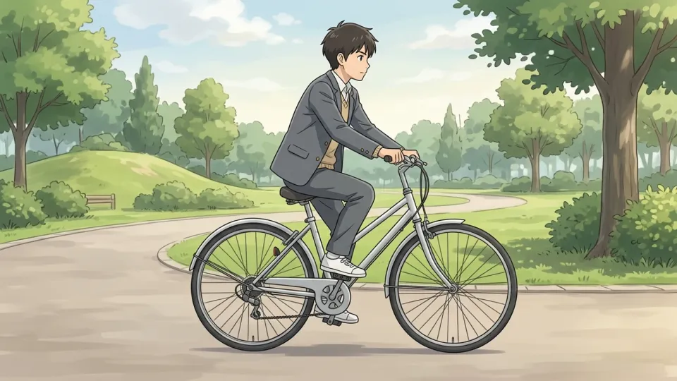 自転車に乗って通学する学生