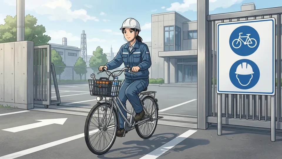工場敷地でヘルメットを着用する自転車利用者