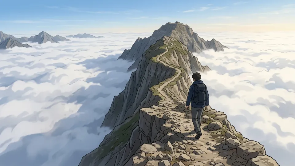 山頂へ続く尾根道を歩く登山者。