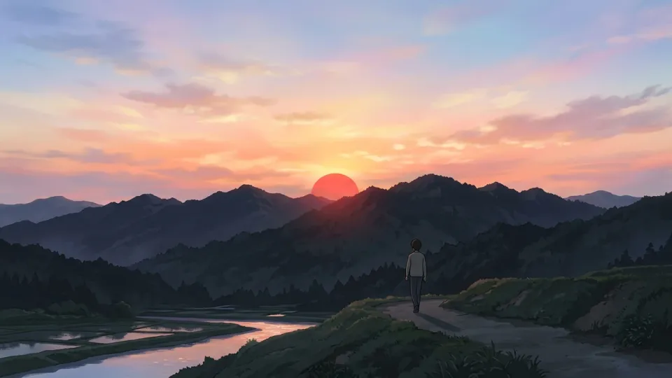 山の上に昇る太陽のイラスト