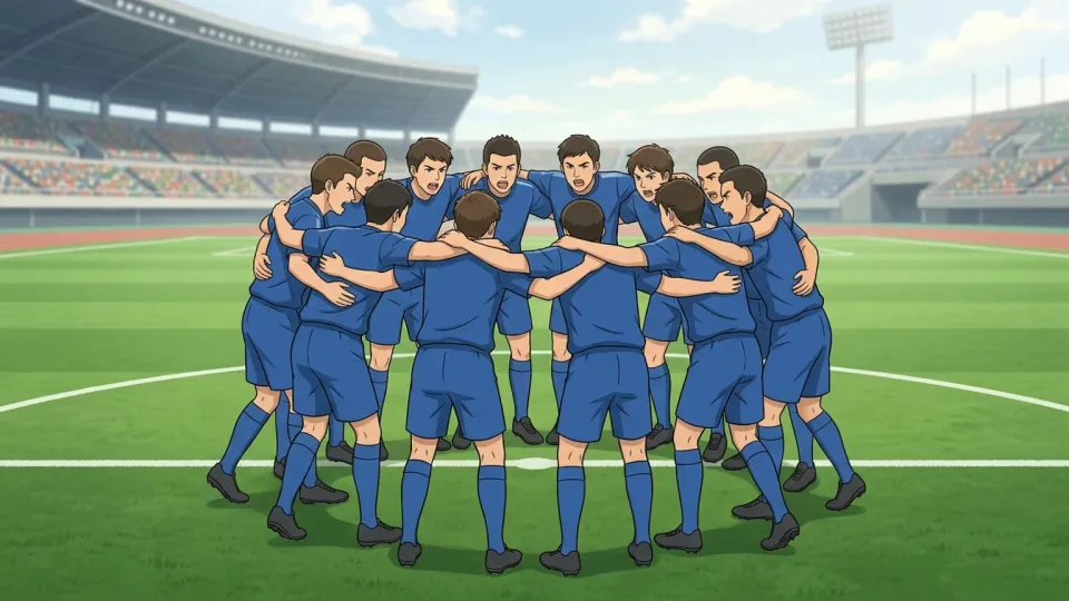 試合前に円陣を組む選手たち