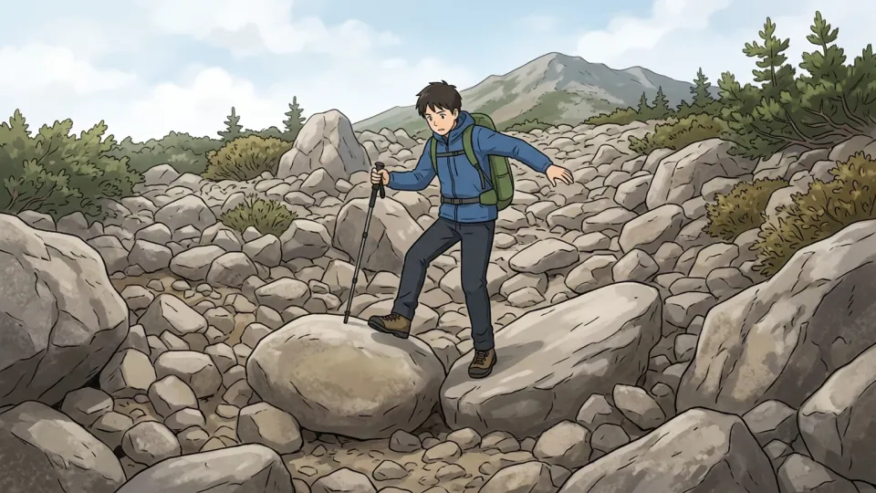 岩の多い小道を歩くハイカー