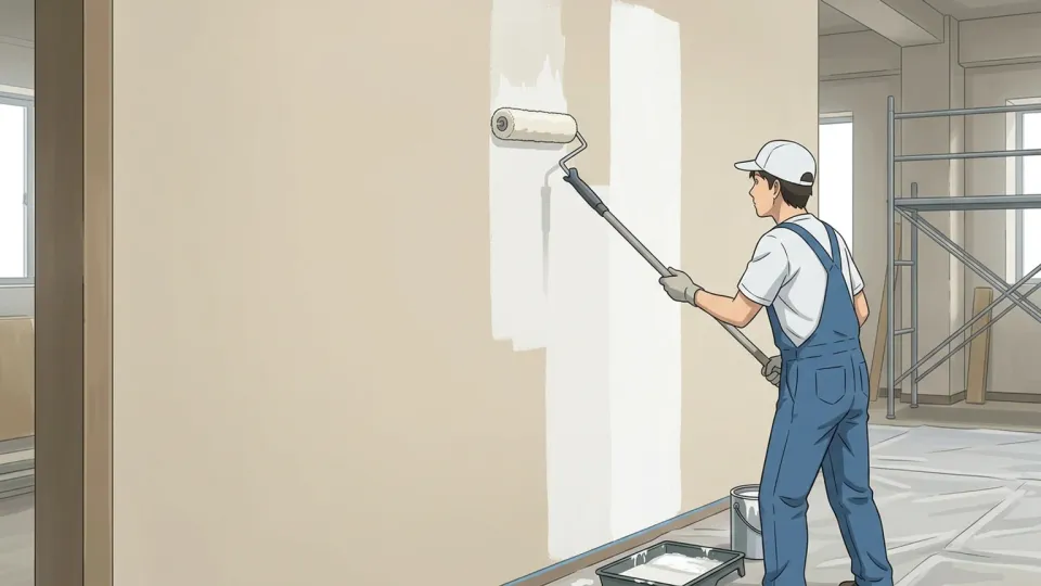 壁を塗るためにローラーを使う塗装工。