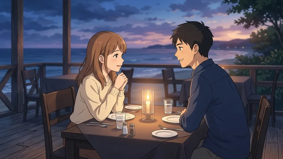海辺でロマンチックな夕食をとるカップル。