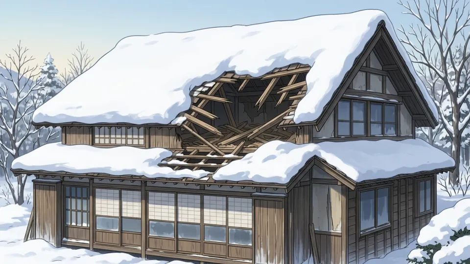 雪が積もった古い家の屋根