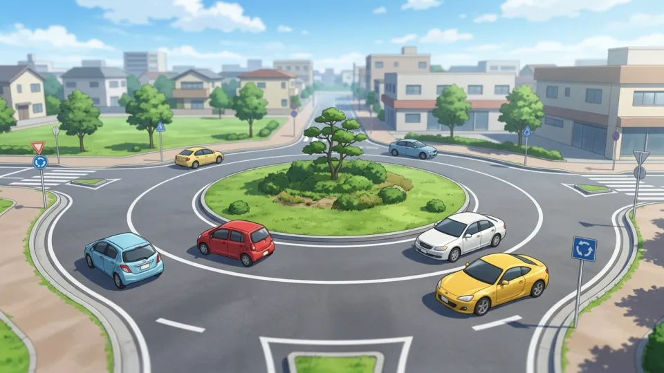 環状交差点を走る車