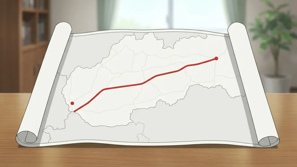 市内中心部へ向かう最短のルートを示す地図。
