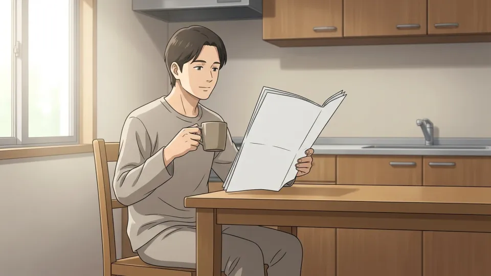 朝のコーヒーとニュースという日課をこなす人物。