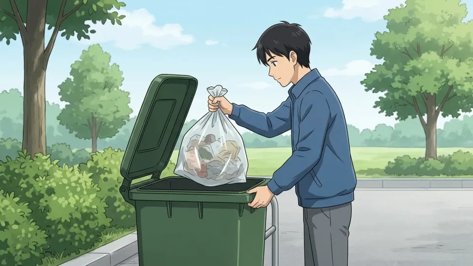 ゴミをゴミ箱に捨てる男性のイラスト