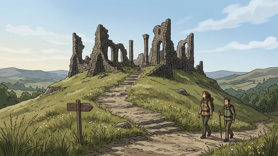 草に覆われた崩れかけた古代の石造建築の遺跡。