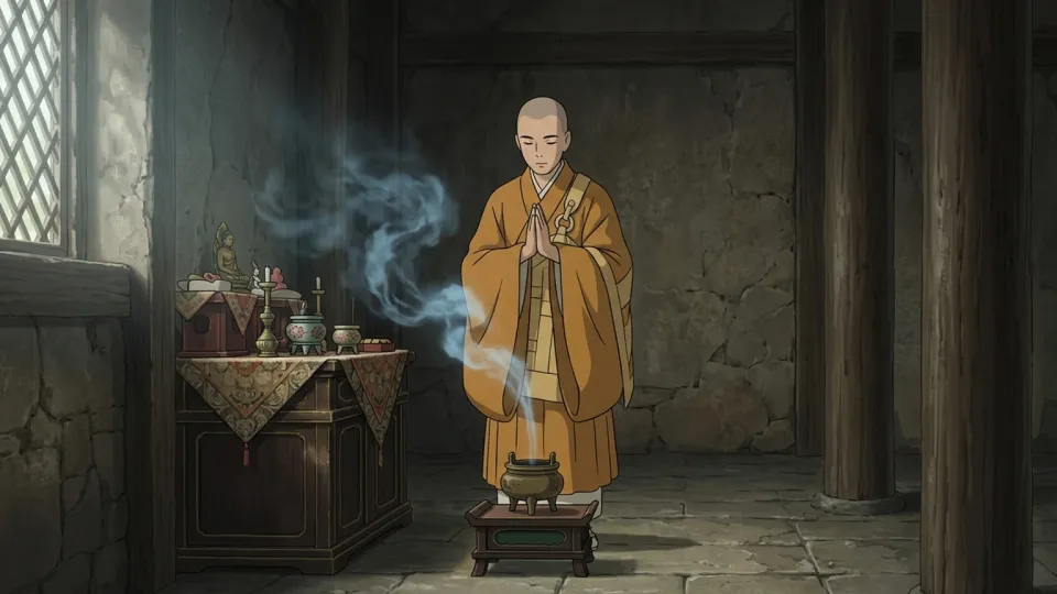 寺院で神聖な儀式を行う僧侶たち。
