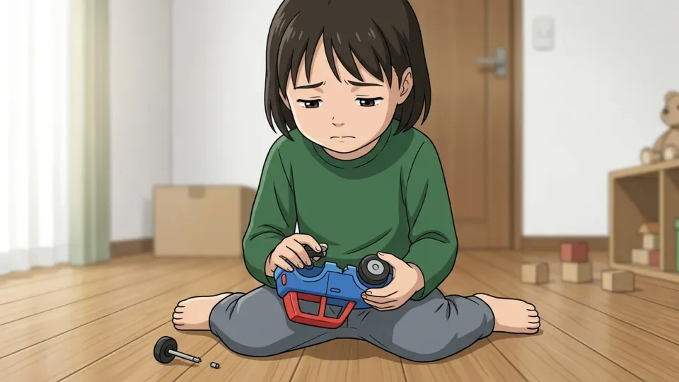 壊れたおもちゃを悲しそうに見つめる女の子