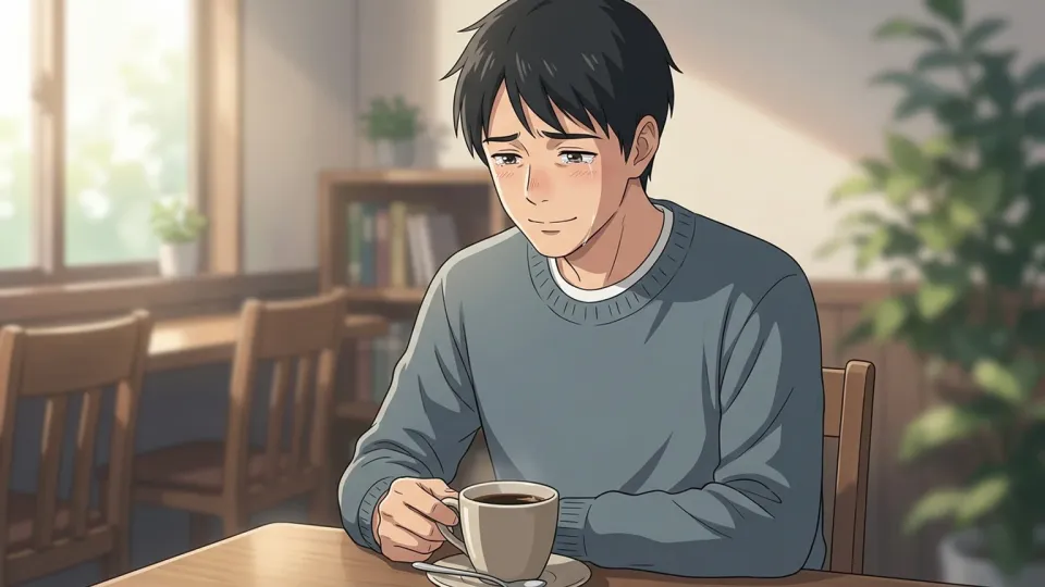 笑顔の裏に悲しみを隠す男性のイラスト