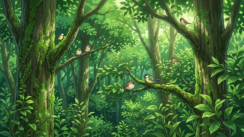 森の中で保護されている鳥たちのイラスト