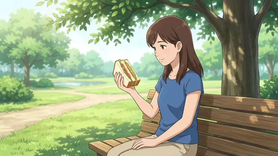 公園でサンドイッチを食べる女性