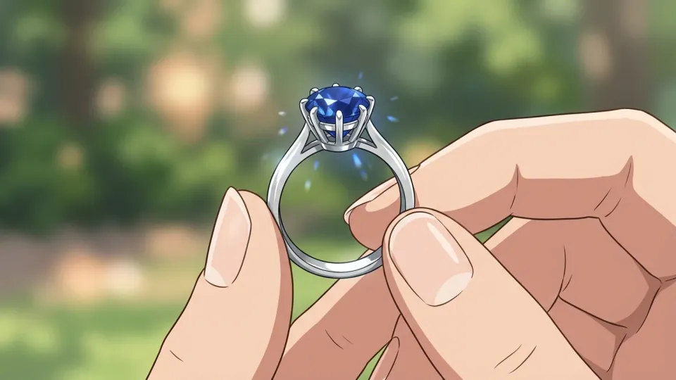 指輪に留められた青いサファイアのクローズアップ写真