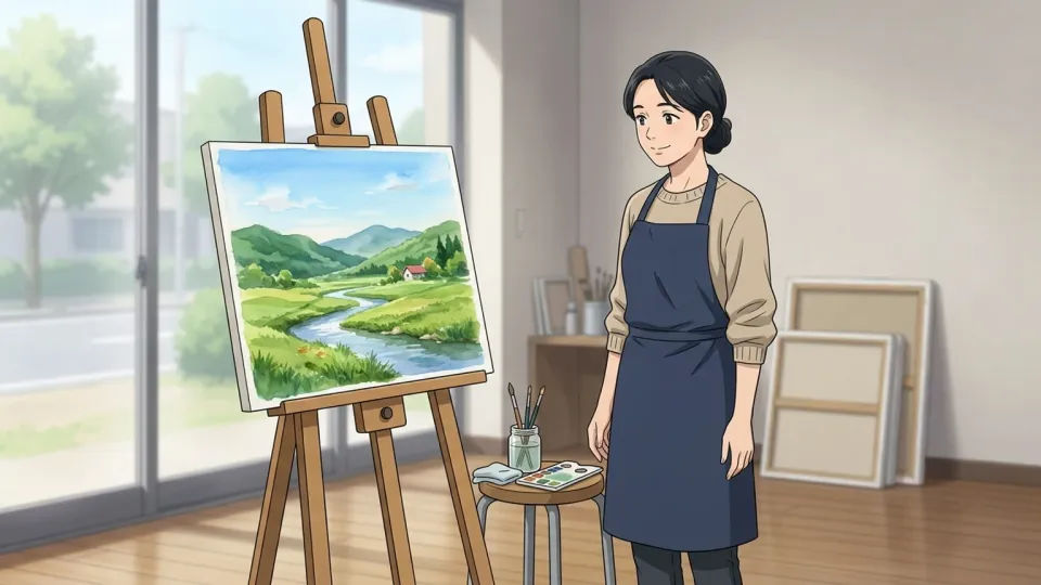 完成した絵を眺めて満足げに微笑む女性