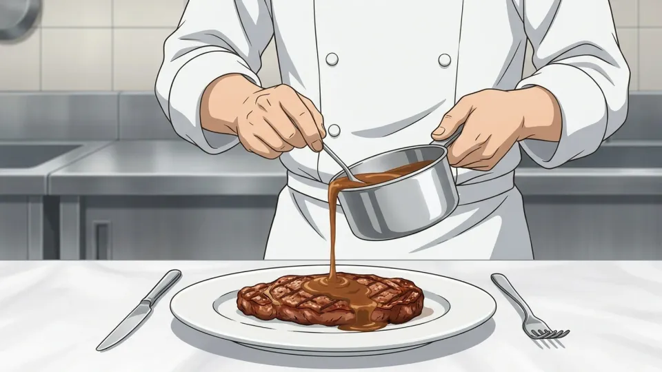 ステーキにソースをかけるシェフ