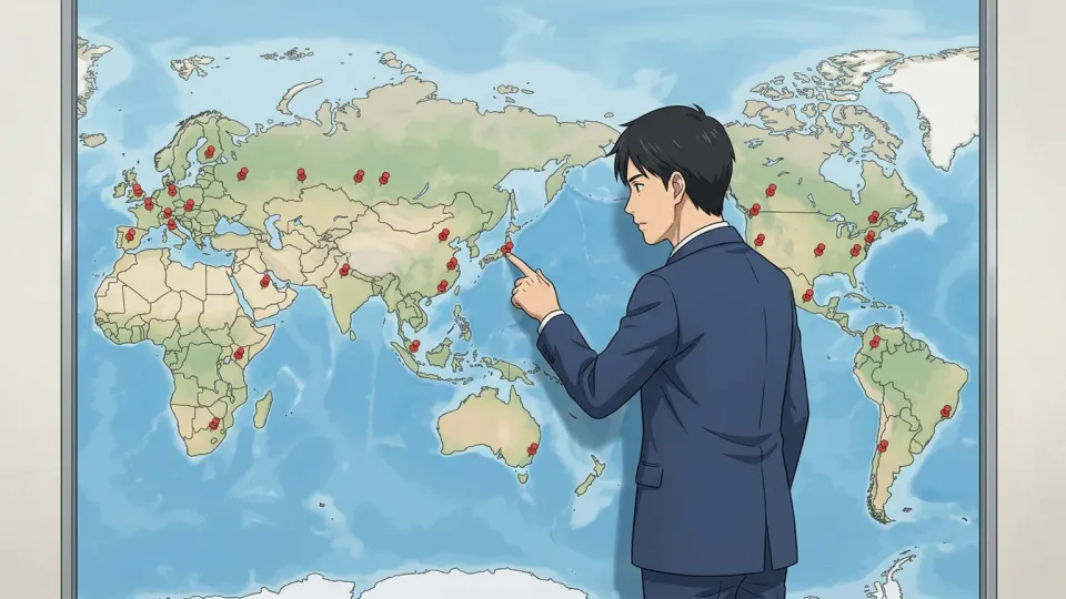 世界地図上に配置された複数のビジネス拠点