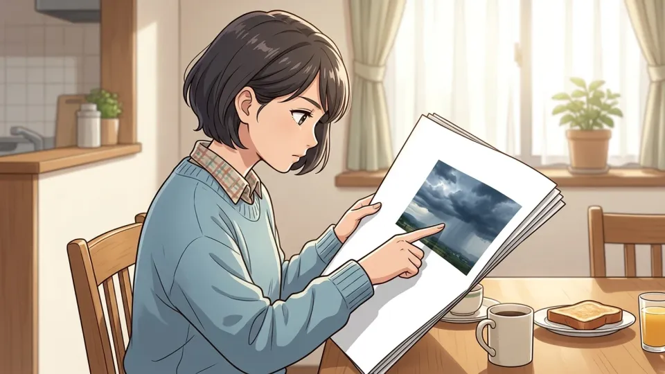 朝刊にざっと目を通す女性