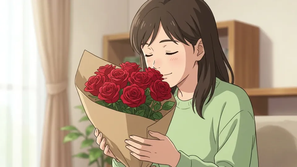 バラの香りをかぐ女性