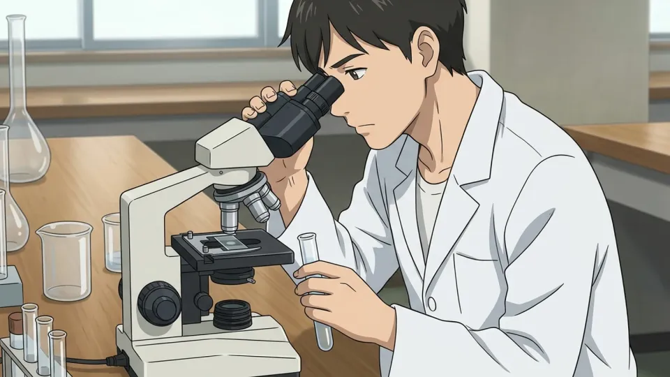 研究所で土壌サンプルを調べる科学者。