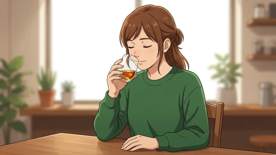 グラスを持って香りを確かめる女性。